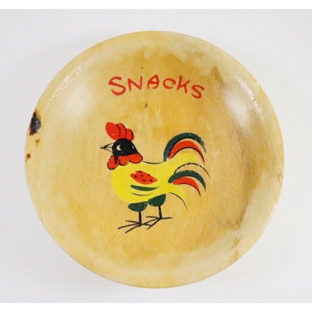 VTG Nevco Wood Rooster Snack Bowl Hand Painted No Handle Primitive Country Japan